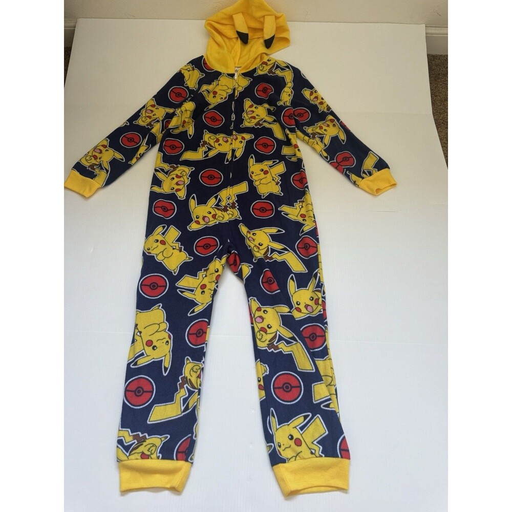 Pokemon Pikachu Hooded One Piece Pajamas Kids Size S 6-7 Fleece Zip Front